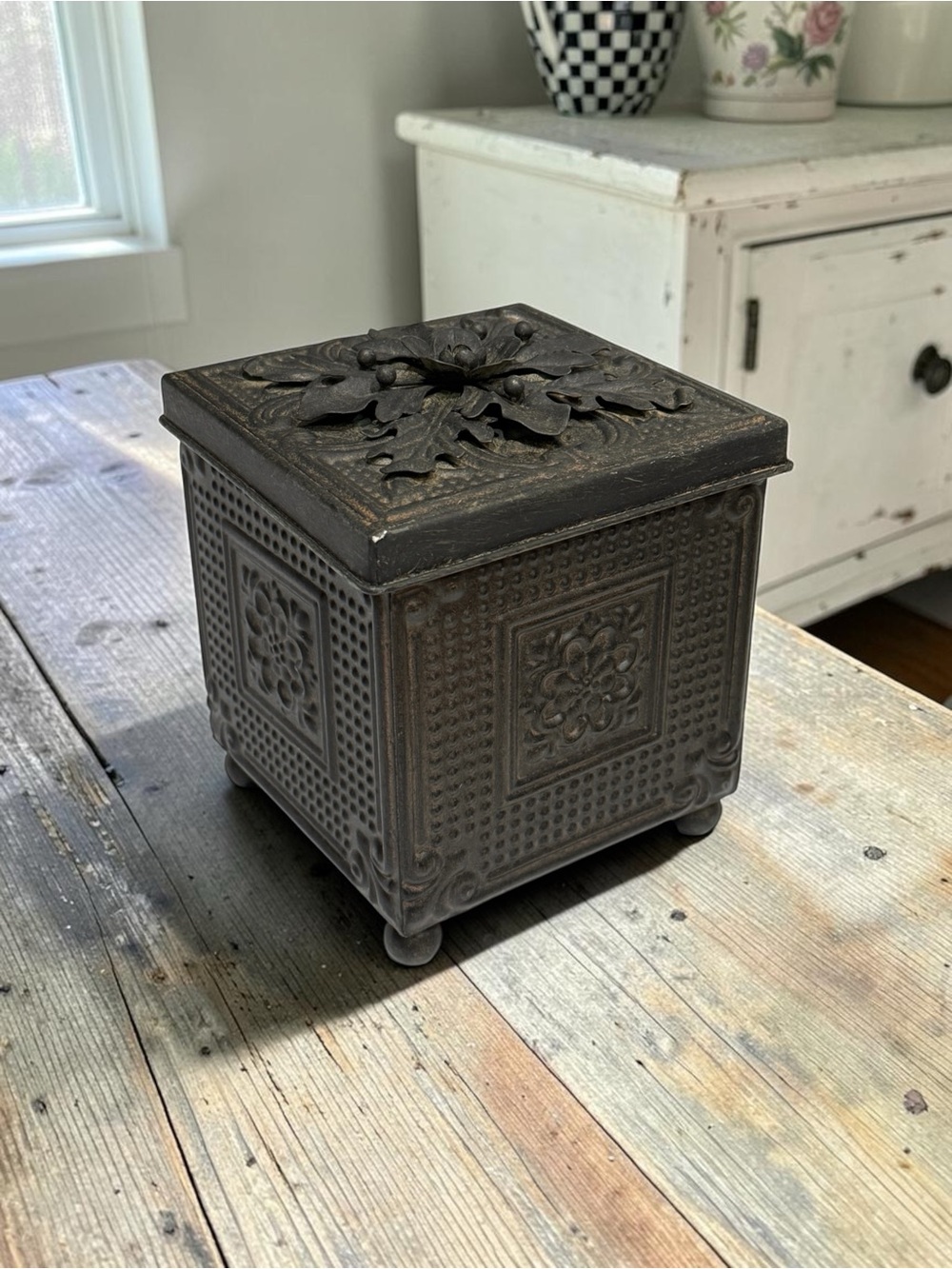Vintage Embossed Cast Metal Storage Box - Rustic Black